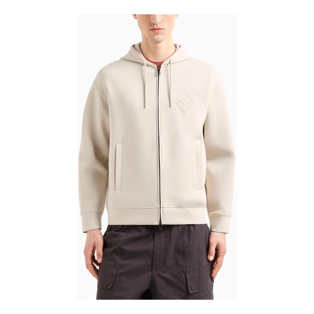 Emporio Armani Hoodie Met Logo Reliëf En Rits Beige Heren