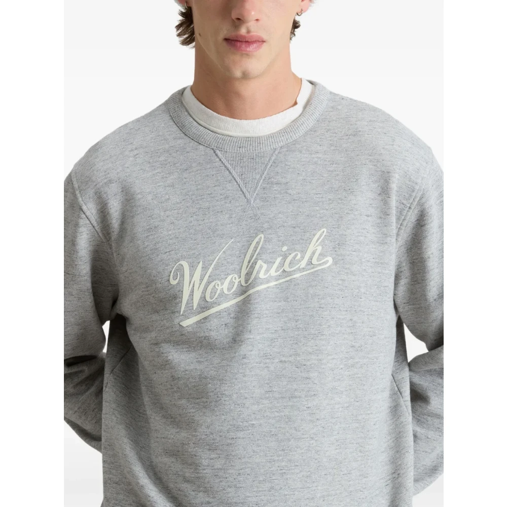 Woolrich Grijze Geribbelde Trui met Bedrukt Logo Gray Heren