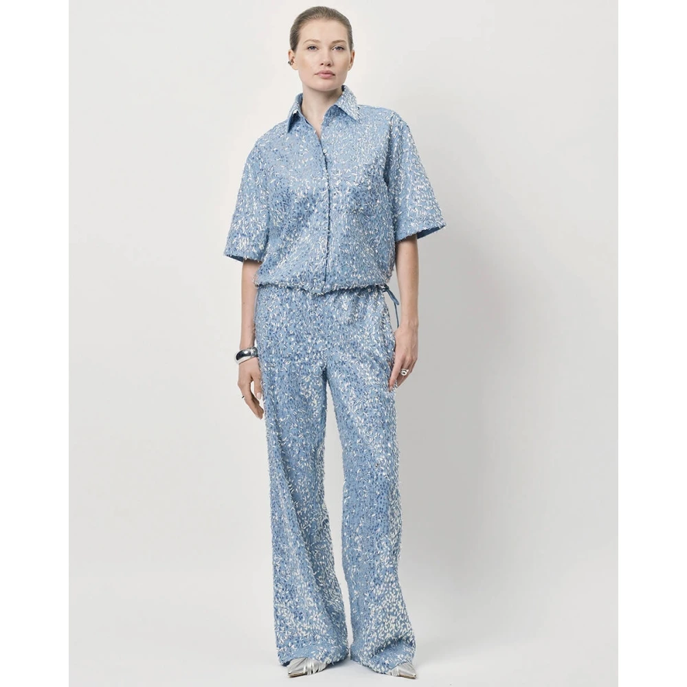 Dante 6 Bardot Pailletten Geknipte Denim Shirt Blue Dames