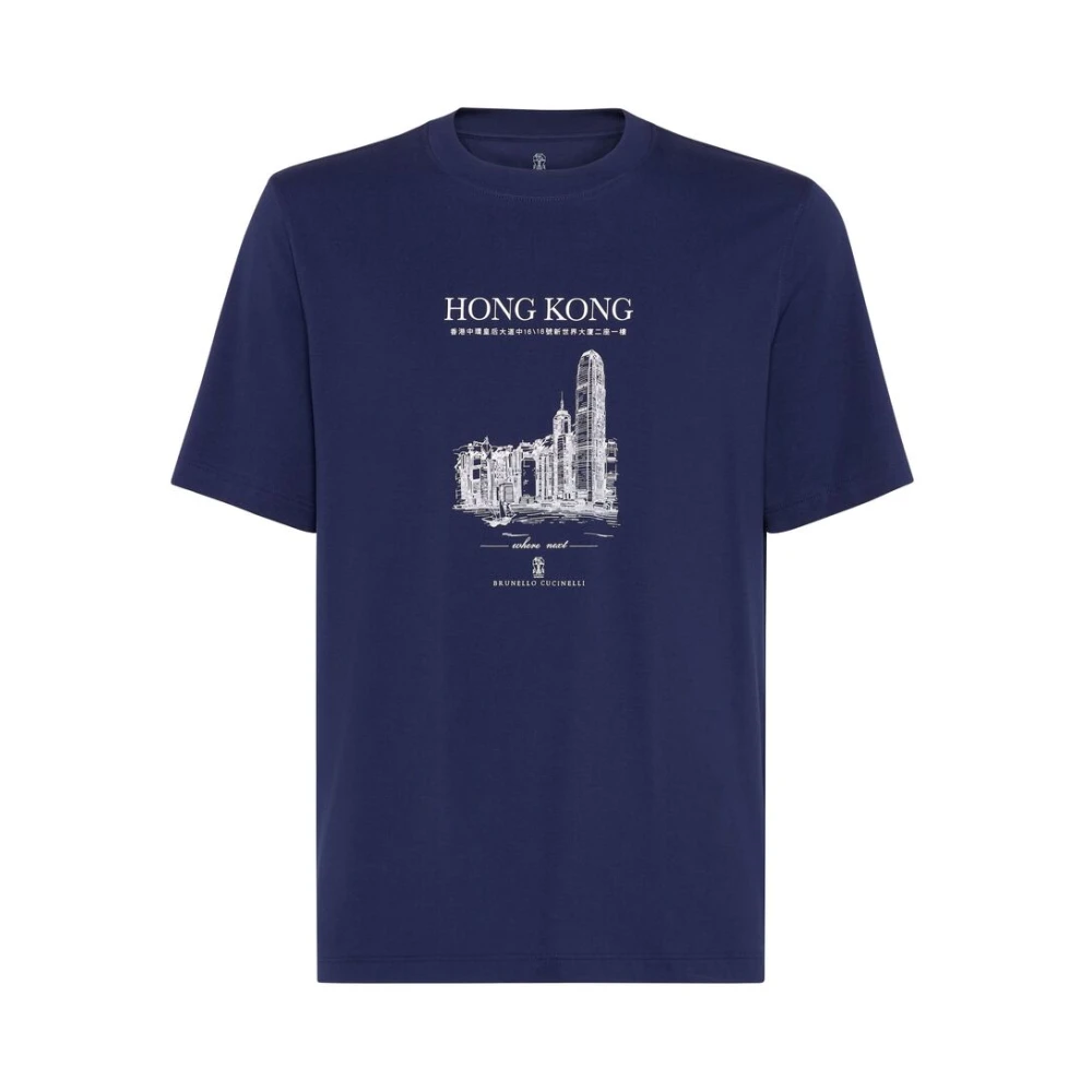 BRUNELLO CUCINELLI Navy Blue Grafische Print T-shirt Blue Heren