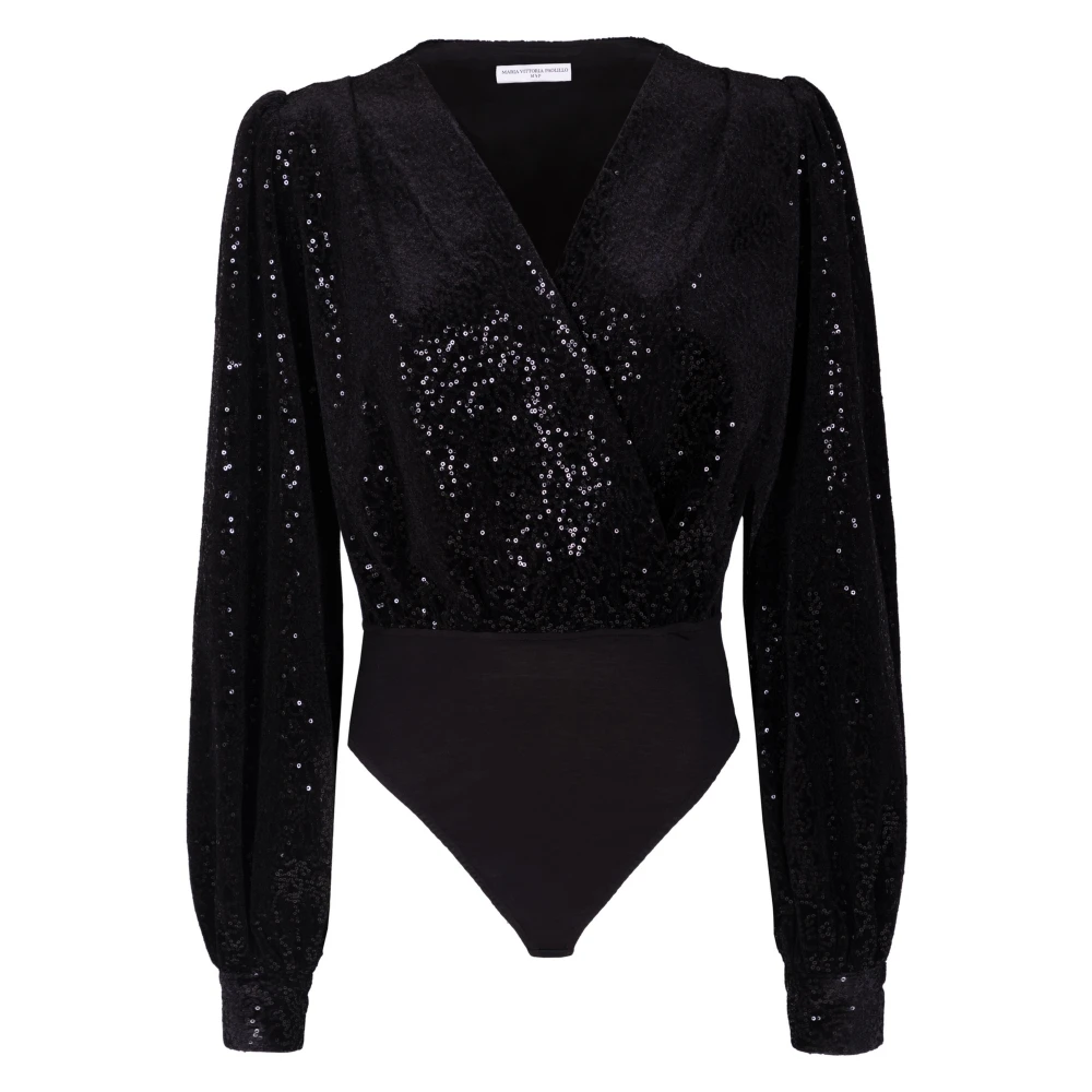 MVP wardrobe Velvet Sequin Bodysuit met Ruffled Sleeves Black Dames