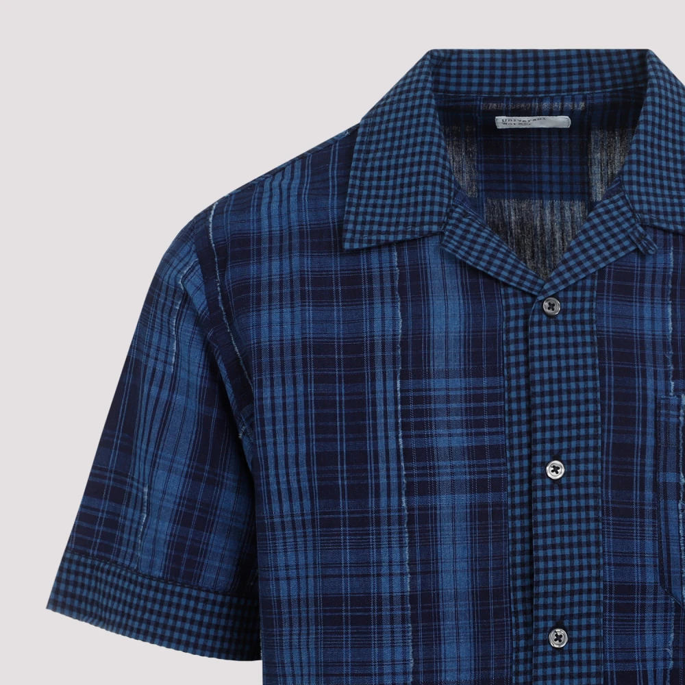 Universal Works Indigo Geruite Bowling Kraag Shirt Blue Heren