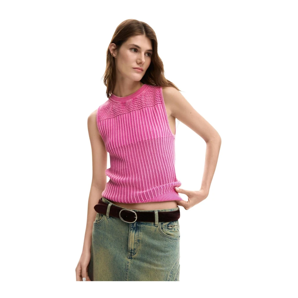 Desigual Sleeveless Round Neck Cotton-Blend Top - Female - Sleeveless Tops - Pink - S - Tops
