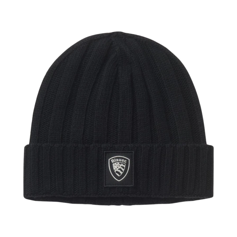 Blauer Ull Ribbstickad Beanie Mössa Black, Herr