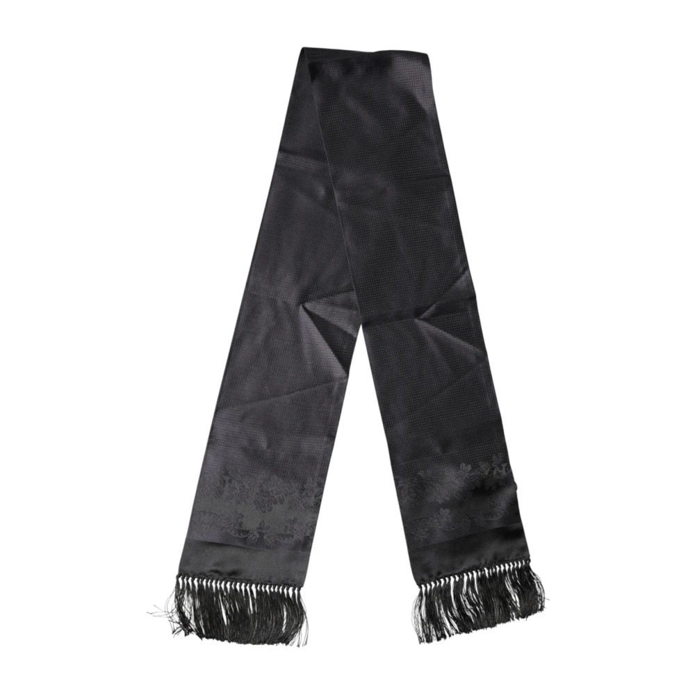 Dolce & Gabbana Men's Black Silk Scarves, One Size, Satin Silk Fringes Neck Foulard Scarf