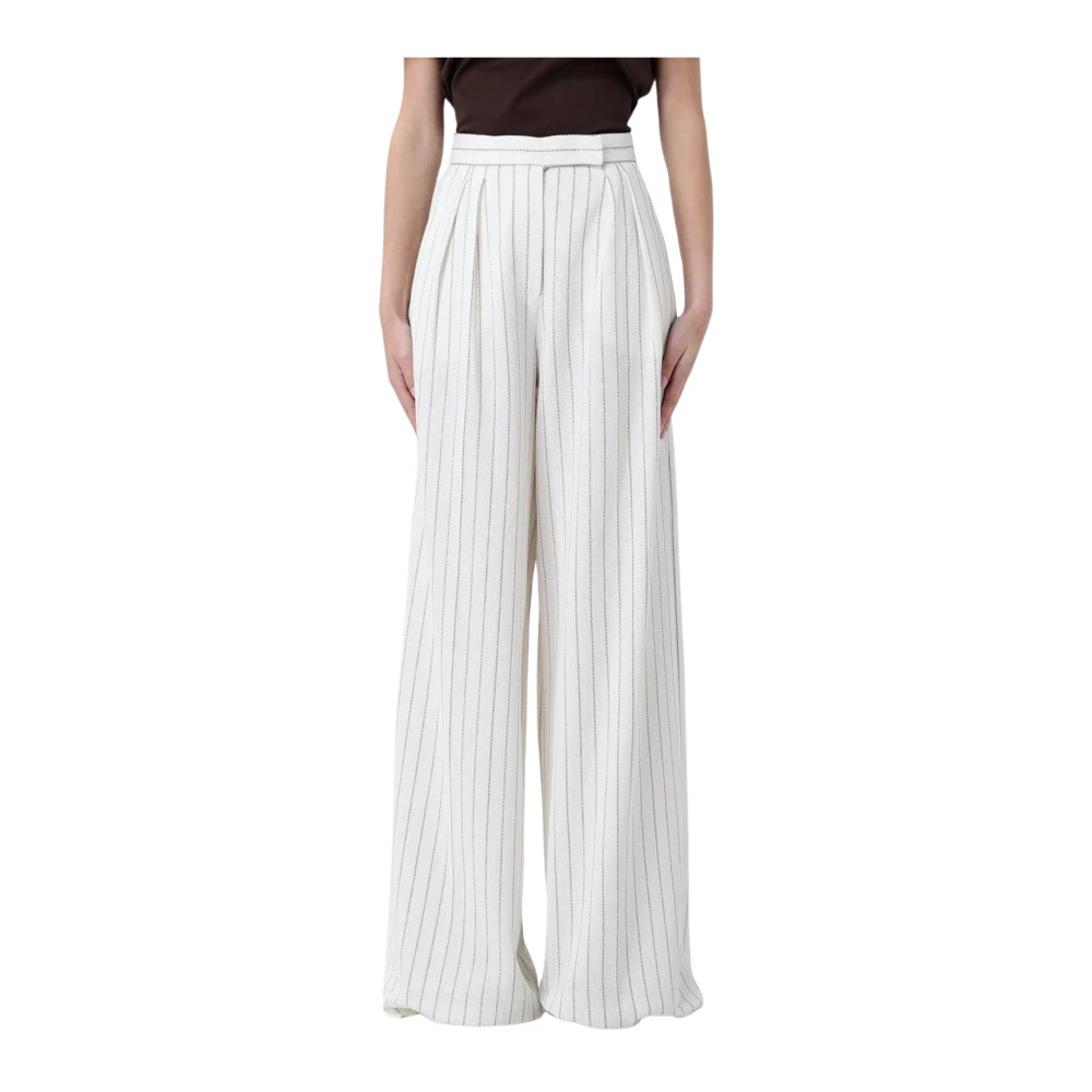 Max Mara White Wide Leg Pinstripe Linen Trousers - Female - Wide Trousers - Xl - Trousers