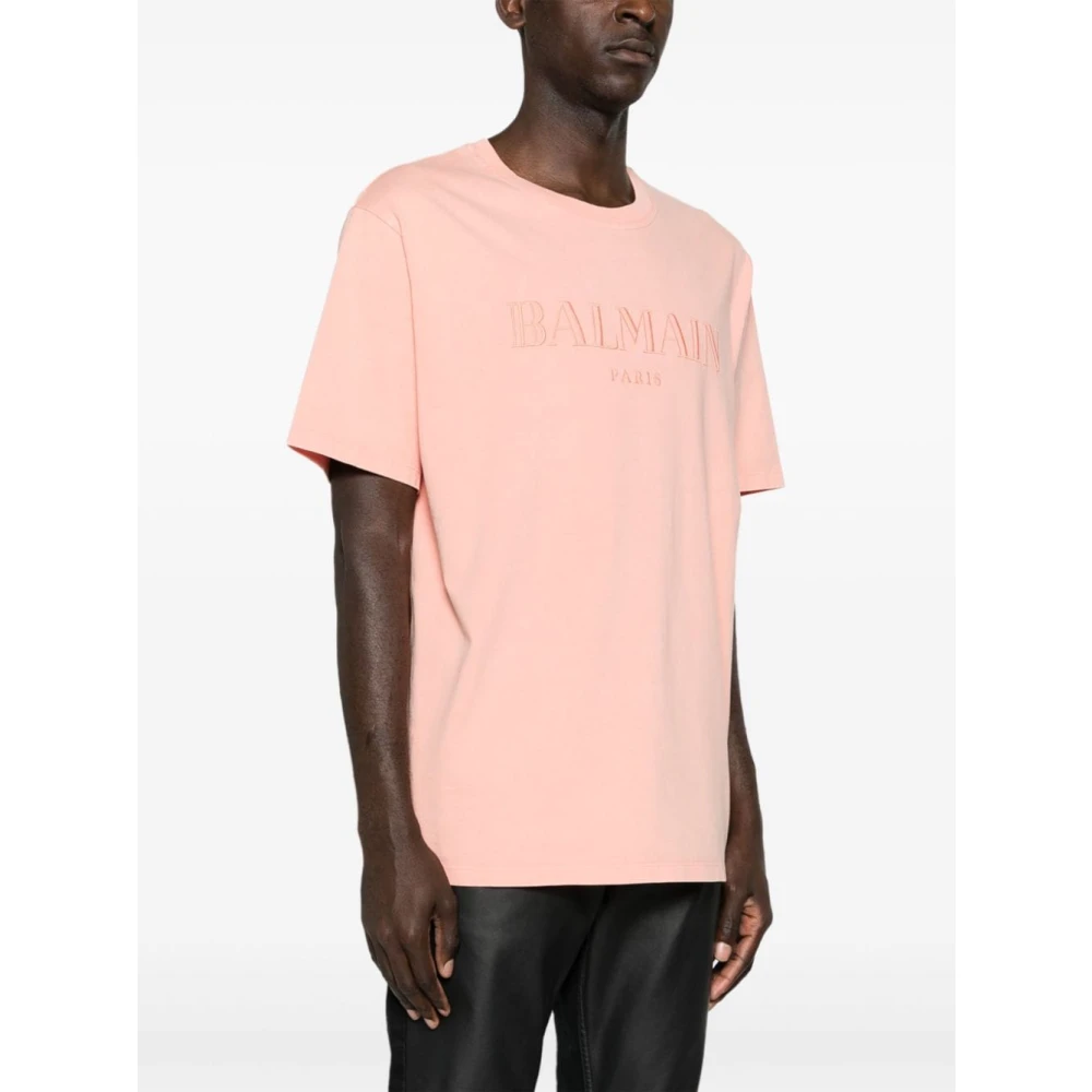 Balmain Zalmroze Logo Geborduurde Jersey Tee Pink Heren