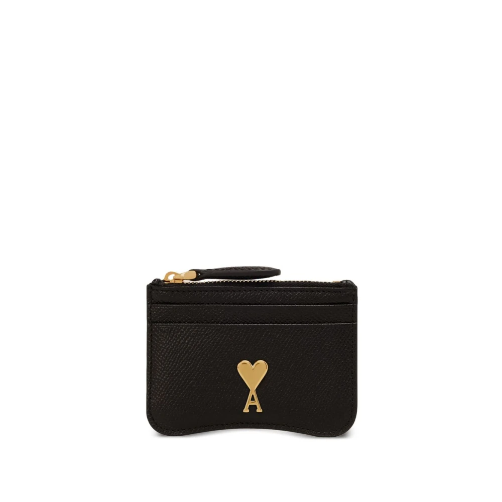 Ami Paris Gestructureerde Zwarte Leren Portemonnee met Goudkleurige Hardware Black Heren