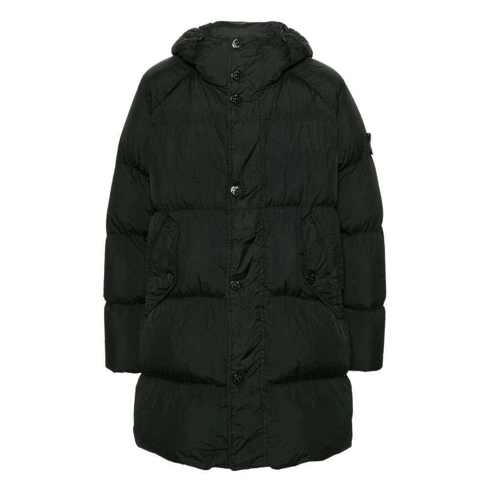 Stone Island Lange Zwarte Crinkle Jas Black Heren
