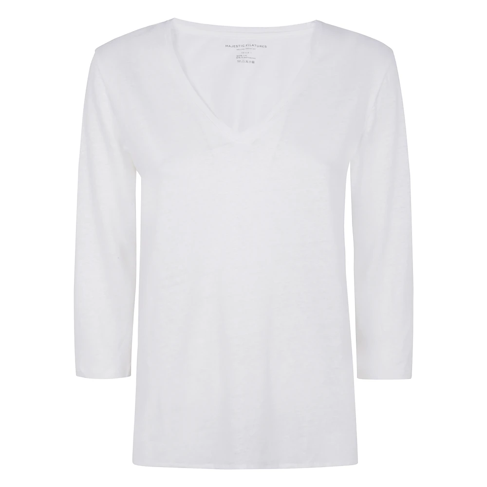 Majestic filatures Stijlvolle V-hals trui met 3 4 mouwen White Dames