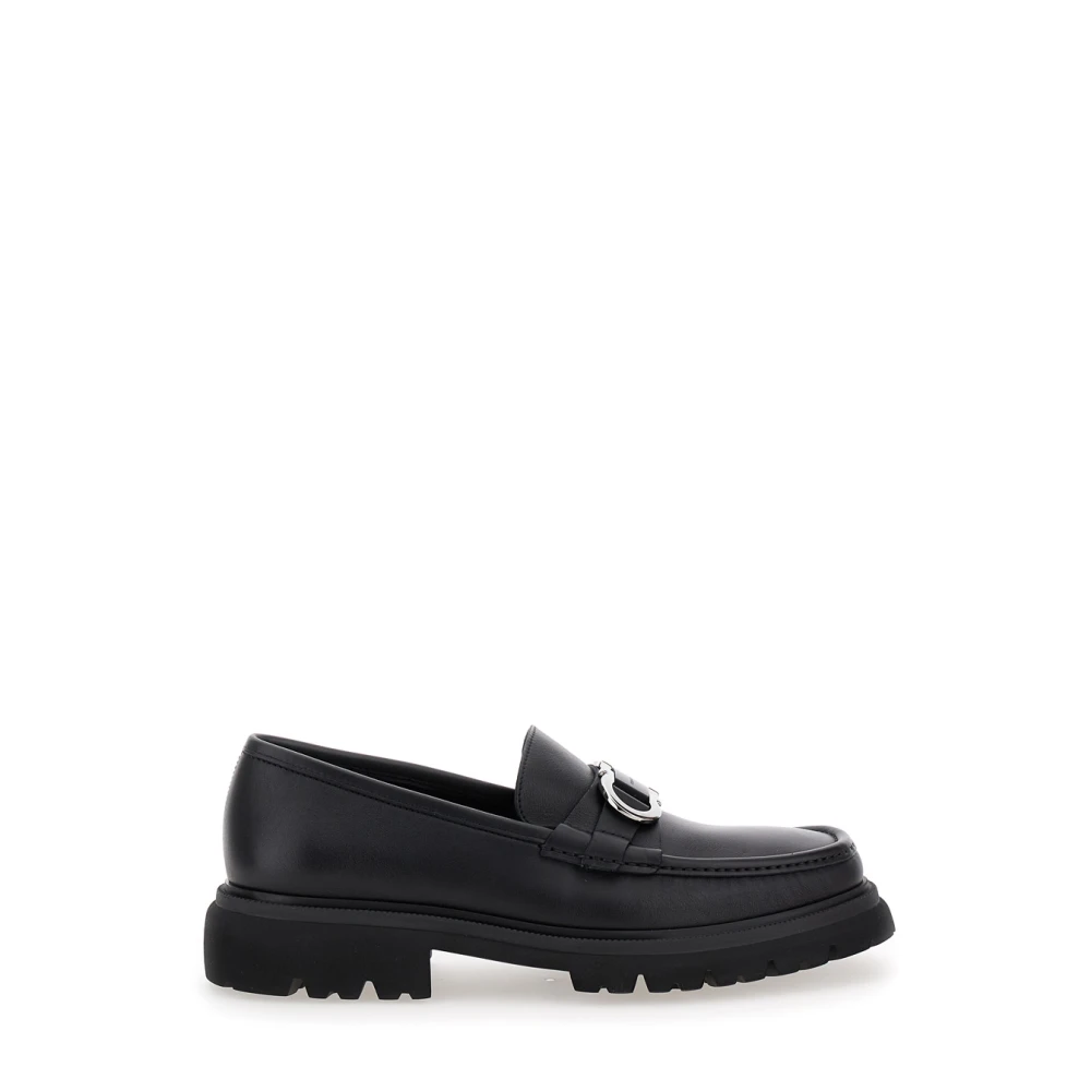 Ferragamo Men's Black Leather Loafers With Metal Detail