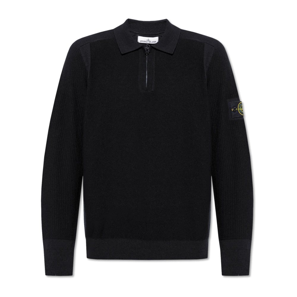 Stone Island Zwarte Wol Polo Rits Trui Black Heren