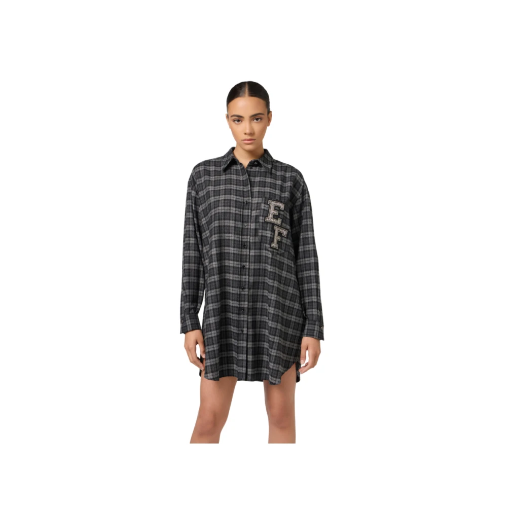 Elisabetta Franchi Tartan Wol Lange Mouw Overhemdjurk Gray Dames