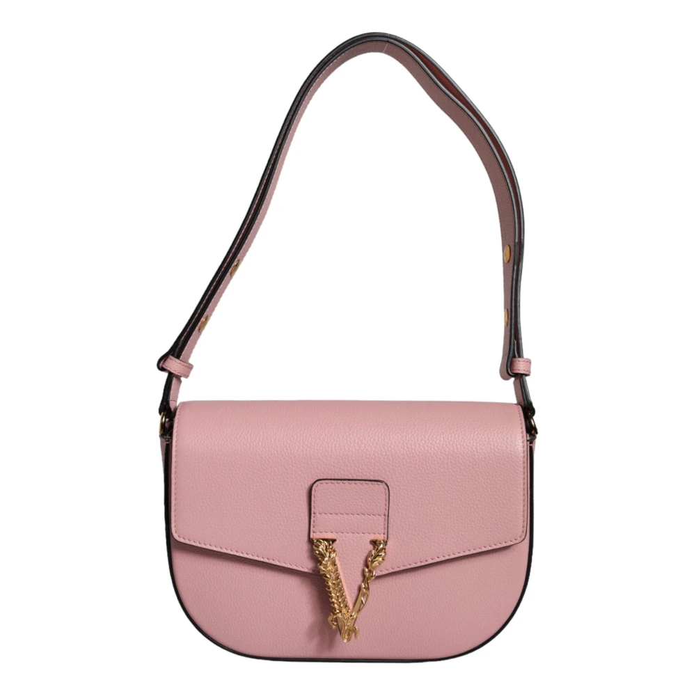 Versace Women's Pink Grainy Calf Leather Logo Crossbody Shoulder Bag