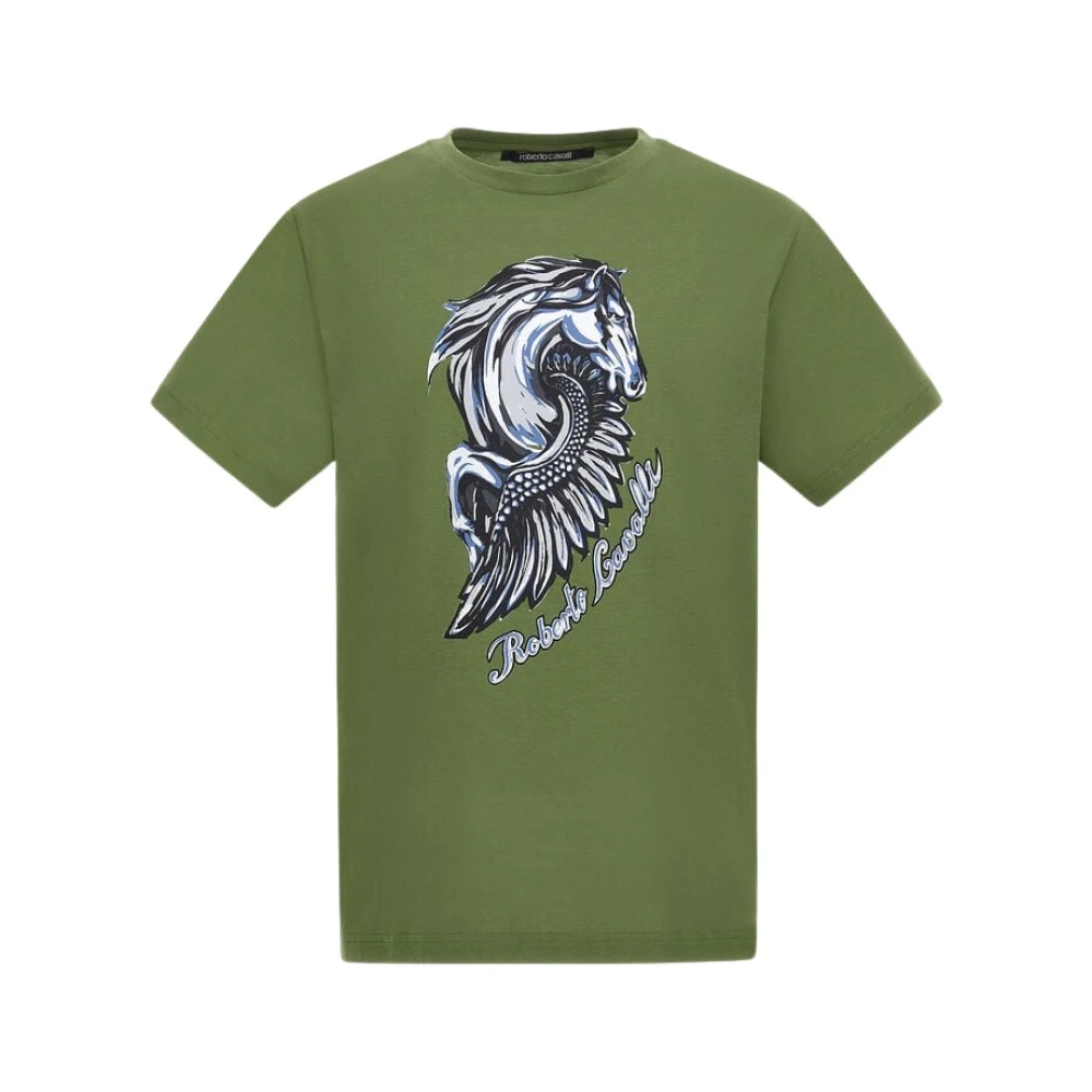 Roberto Cavalli T-shirt met Paardenlogo en Print Green Heren