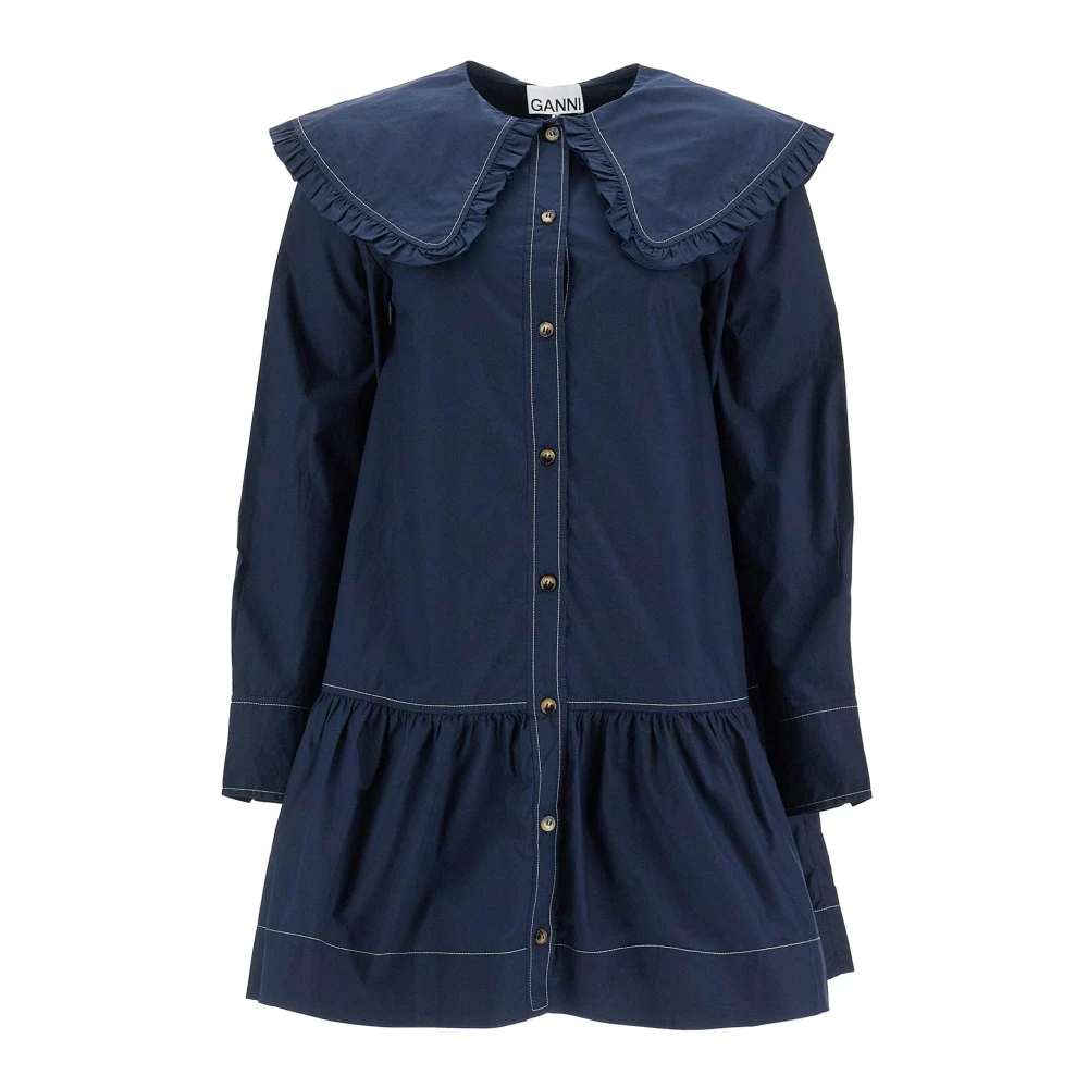 Ganni Gerimpelde Kraag Katoenen Mini Jurk Blue Dames
