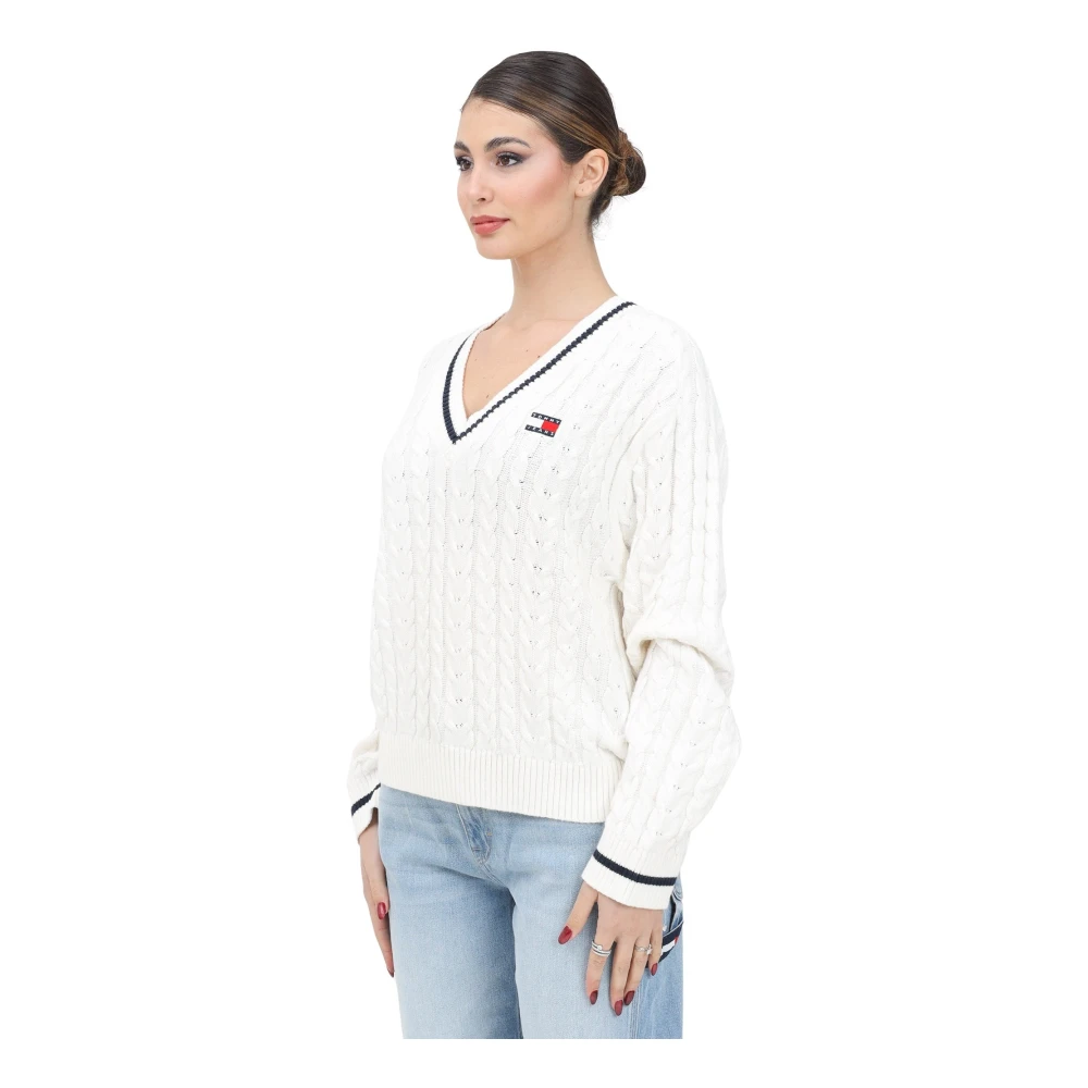 Tommy Jeans Crème Gebreide Trui met V-hals White Dames