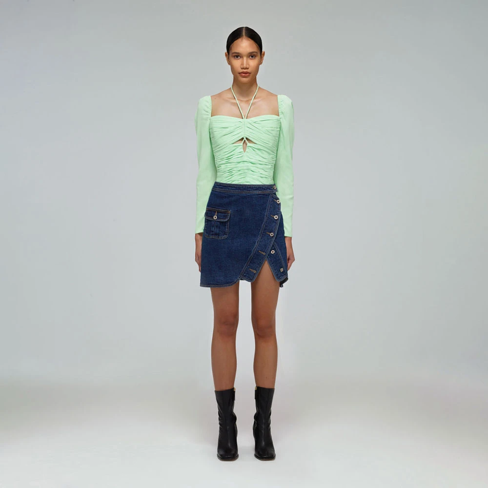 Self Portrait Spearmint Stretch Crêpe Gesneden Top Green Dames