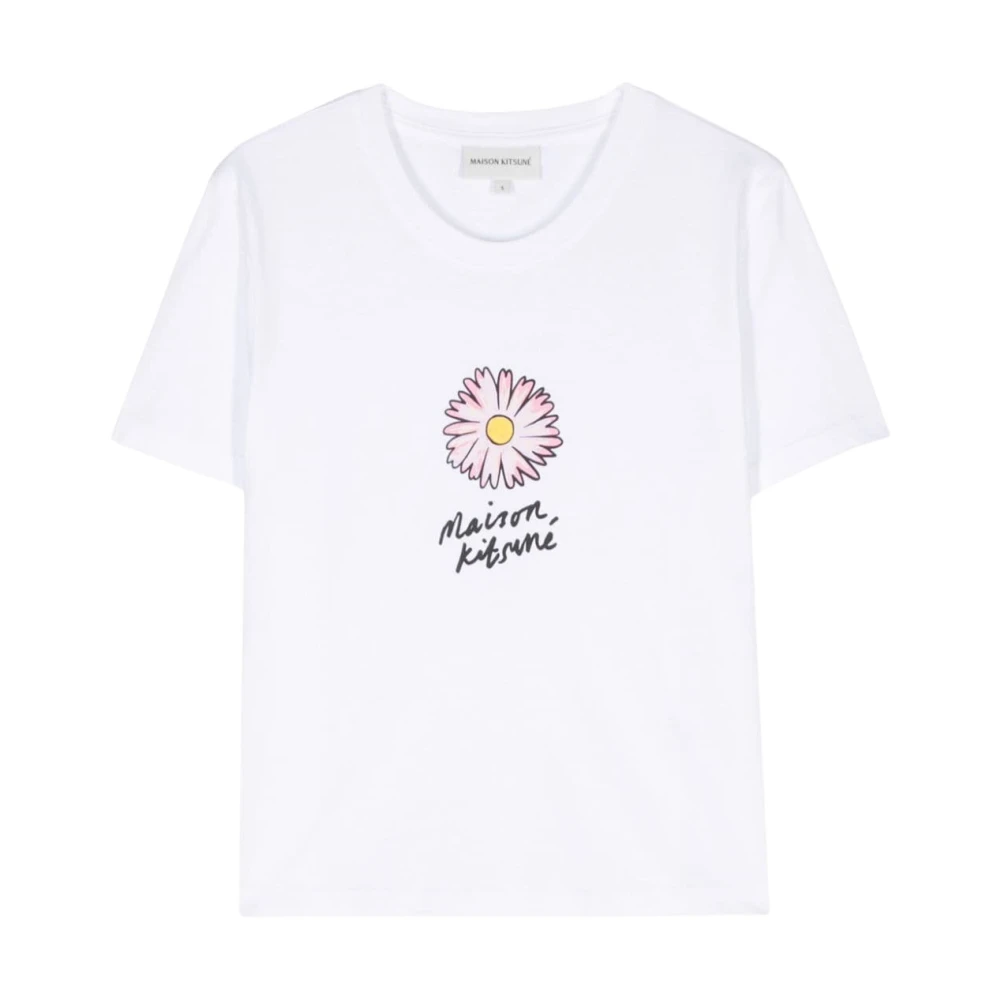 Maison Kitsuné Floating Flower Print Crew Neck T-shirt White Dames