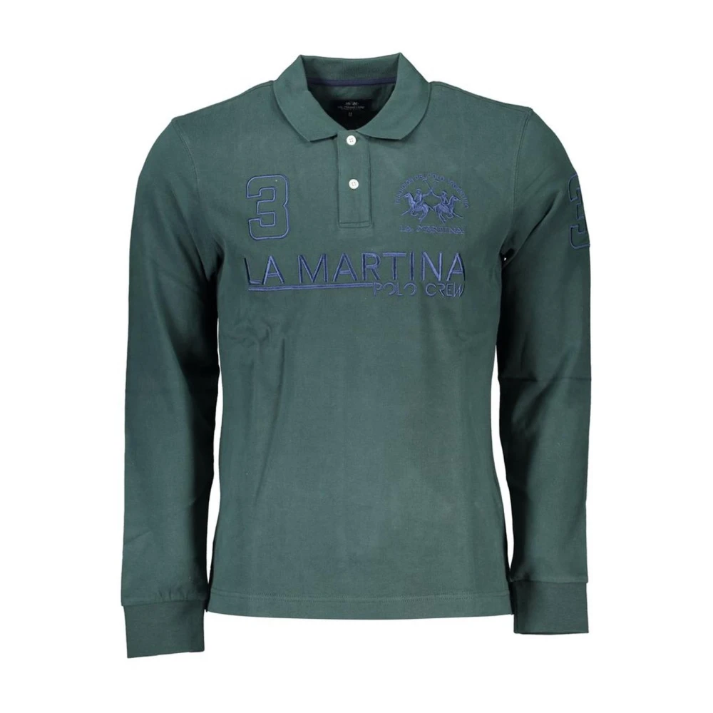 La Martina Men's Green Polo Shirts,, Embroidered Long-Sleeved Polo Shirt Medium