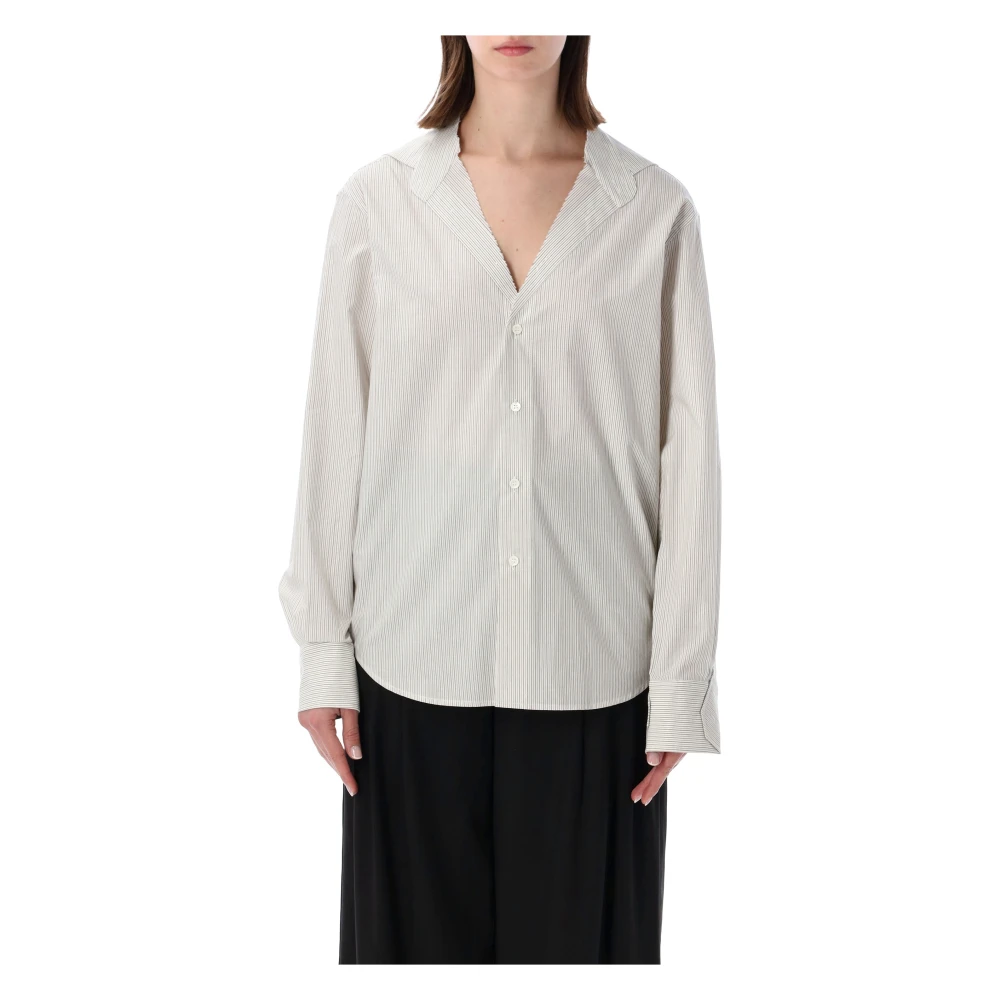 Mm6 Maison Margiela Women's White Shirts, S, Collarless Striped Shirt
