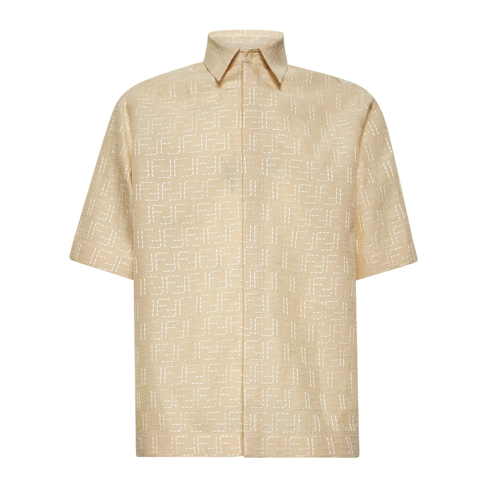 Fendi Men's White Linen Shirt With Jacquard Motif - Short Sleeve Shirts - M - Shirts