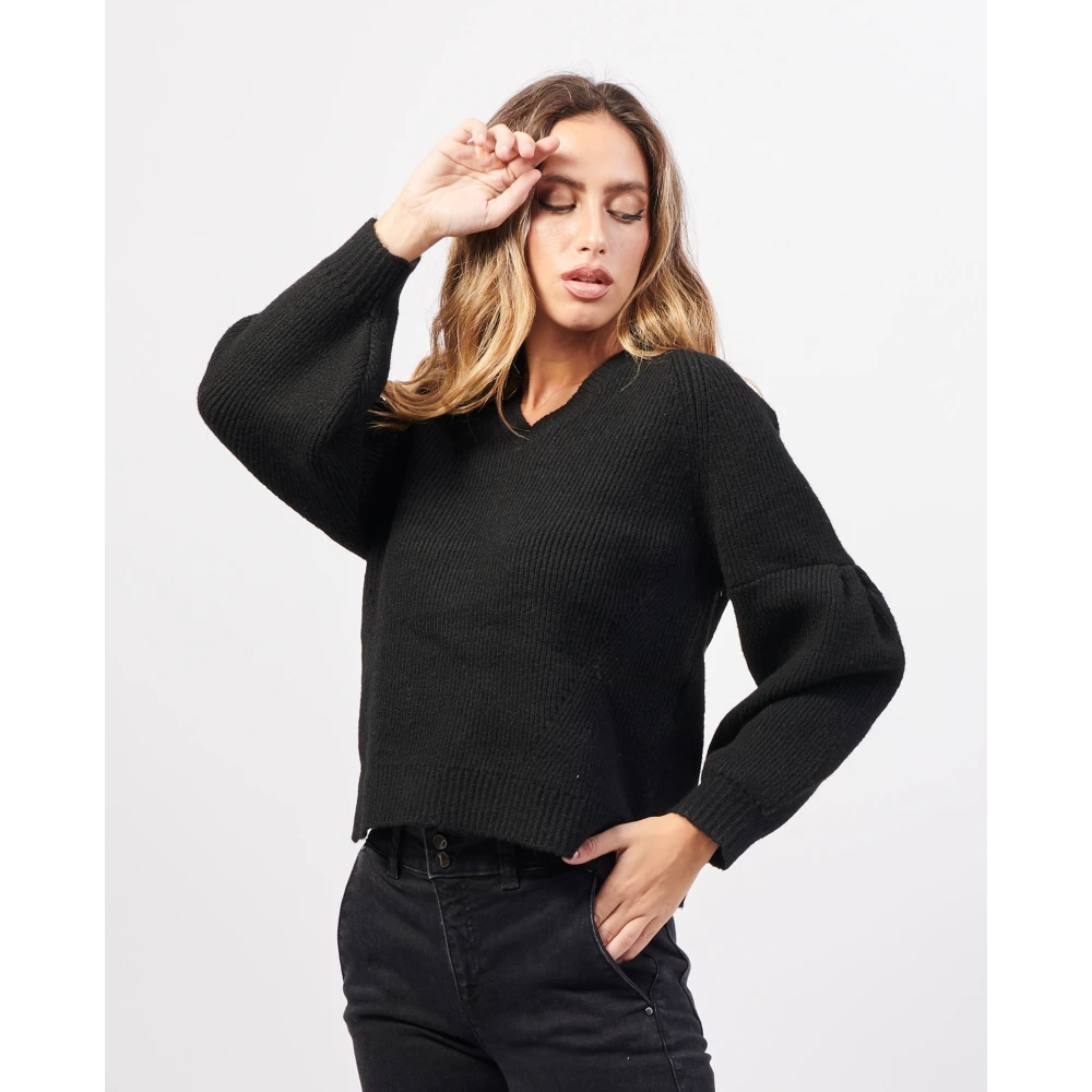 Gaudi Zwarte Geribbelde Trui Ballonmouw Black Dames