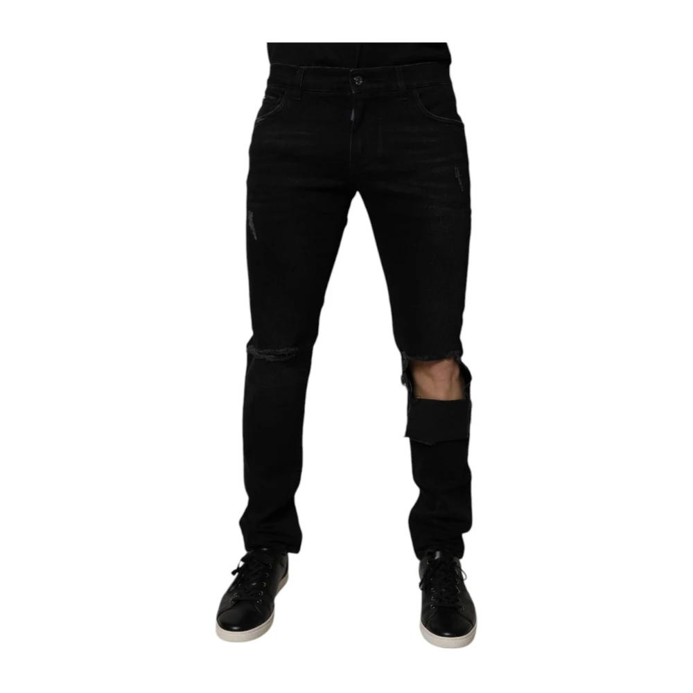 Dolce & Gabbana Men's Black Ripped Skinny Denim Jeans With Logo