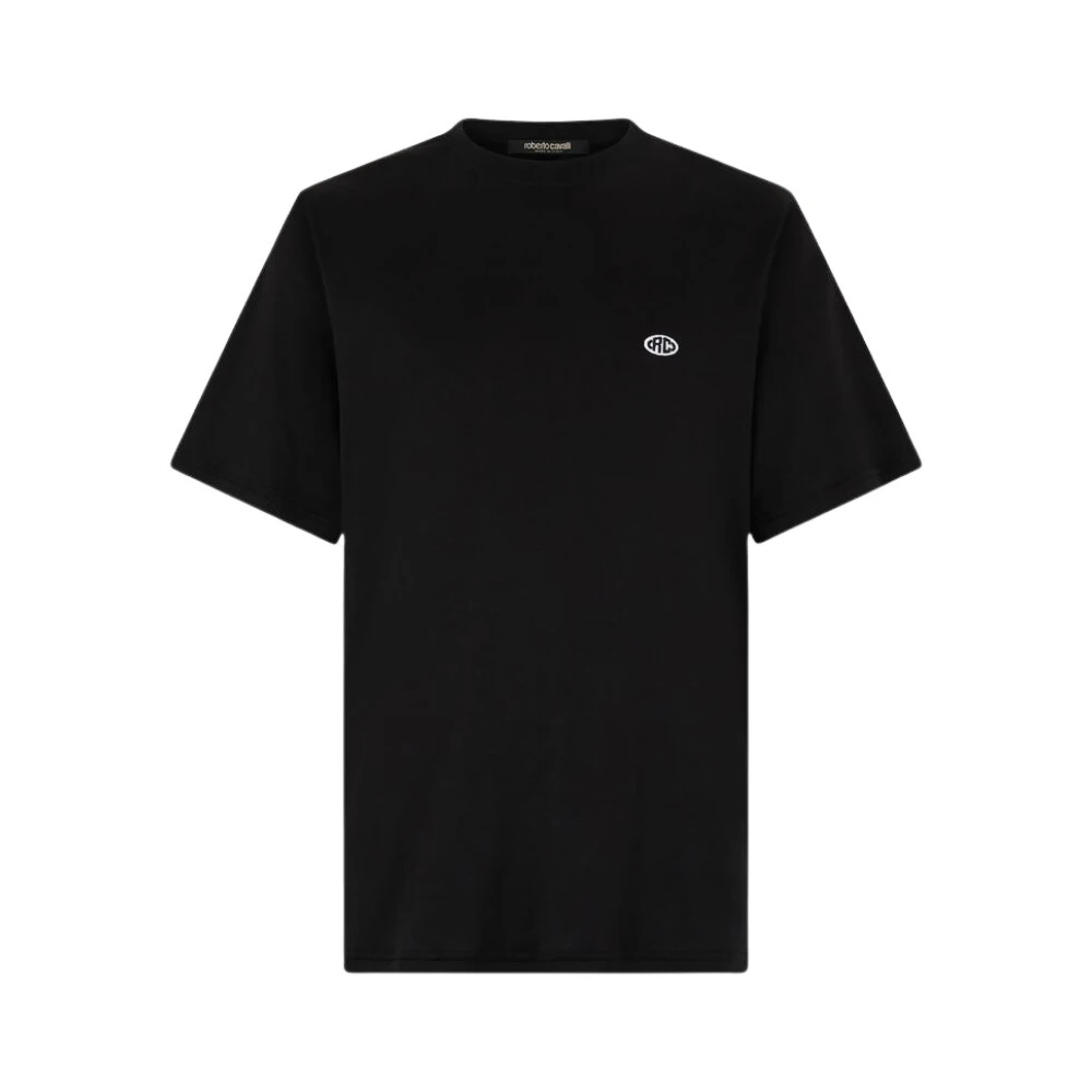 Roberto Cavalli Men's Black T-Shirts, 2XL, Logo Patch Cotton Crew-Neck T-Shirt