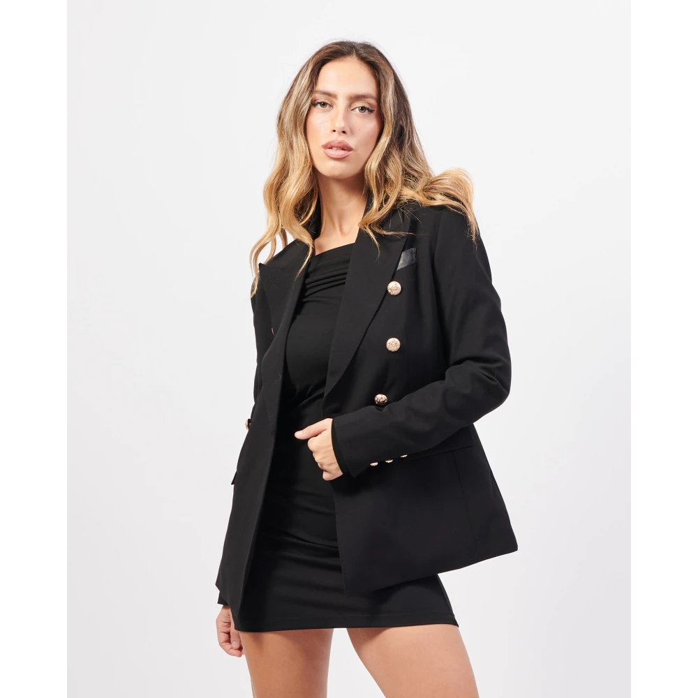 YES ZEE Zwarte double-breasted jas met gouden knopen Black Dames