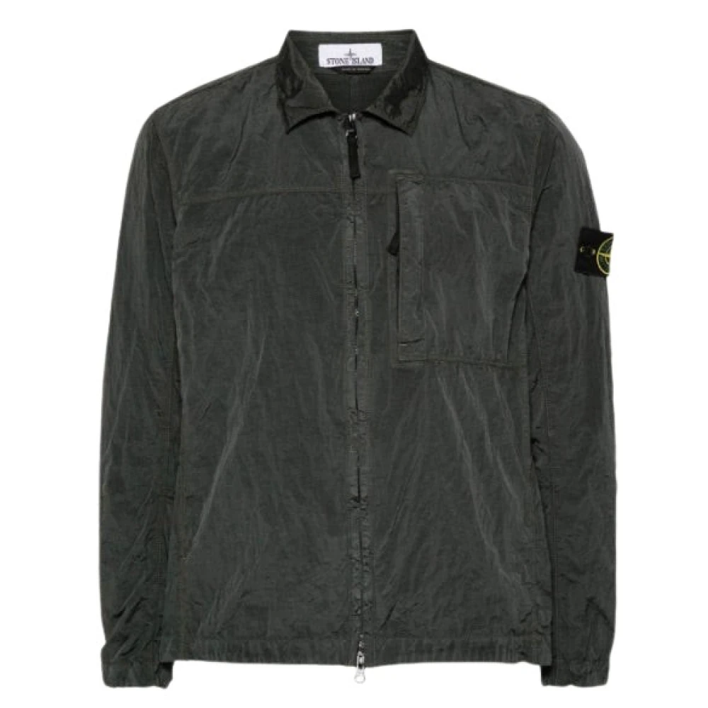 Stone Island Grijze Nylon Overshirt met Logo Badge Gray Heren