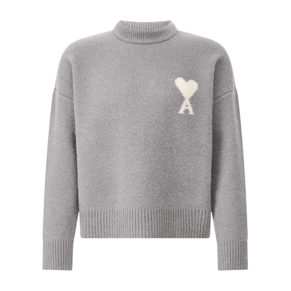 Ami Paris Men's Gray Alpaca Mix Knit Pullover - Round-Neck Knitwear - Xl - Knitwear