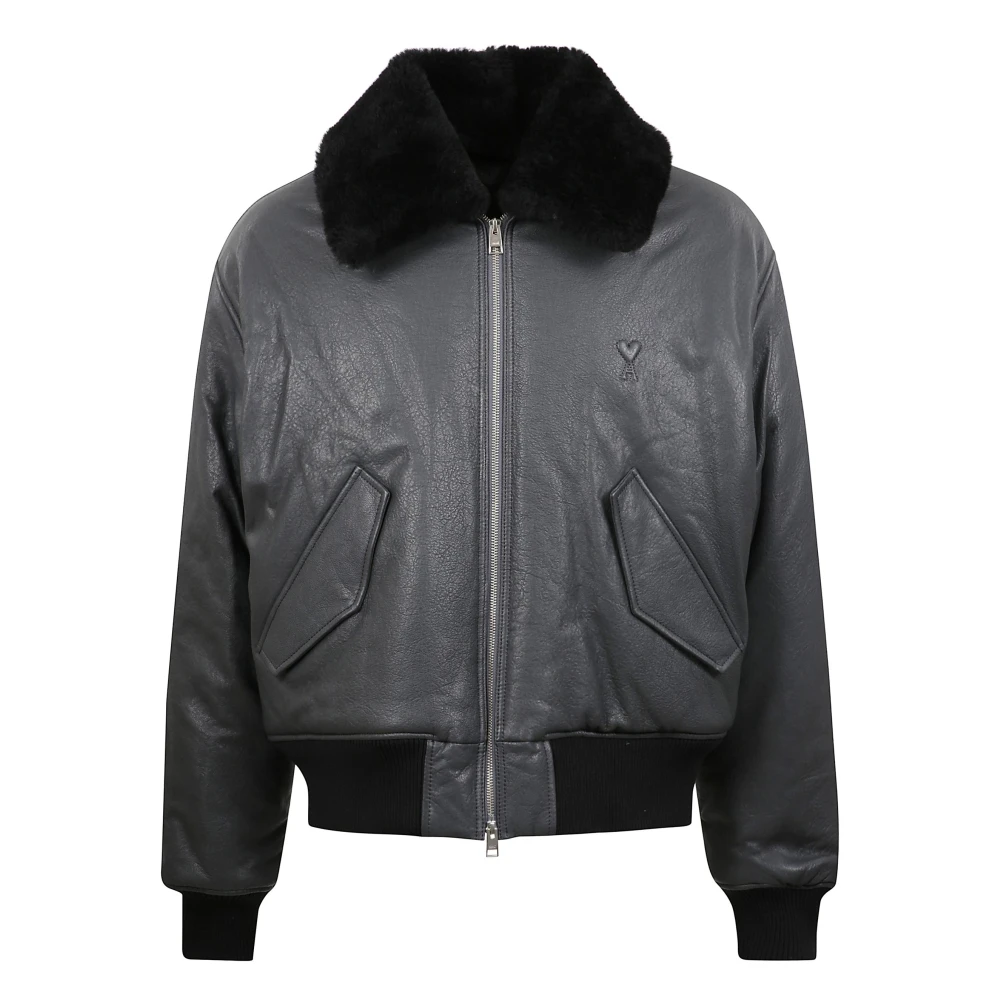 Ami Paris Men's Gray Leather Bomber Jacket With Fur Collar - Bomber Jackets - S - Jackets