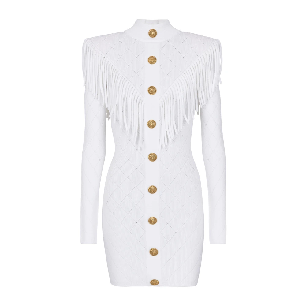 Balmain Kort fransad finstickad klänning White, Dam