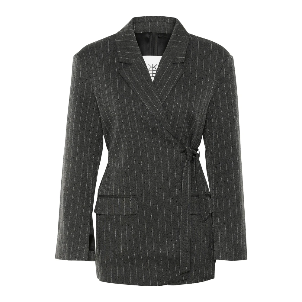 Karen by Simonsen Grijze Gestreepte Blazer Jas Black Dames