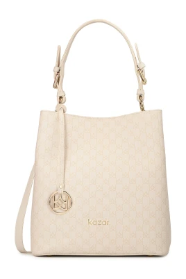 Beige Print Läderhandväska