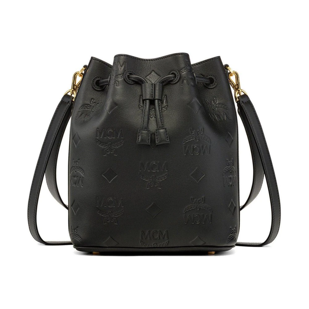 MCM Dessau leren trekkoordtas met reliëf monogram Black Dames