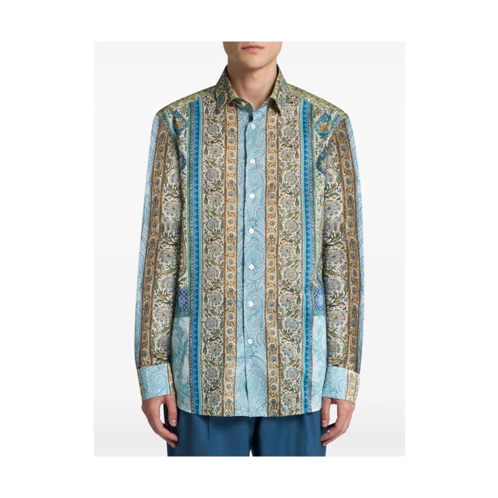 ETRO Blauw Aqua Knoop Spread Kraag Shirt Multicolor Heren