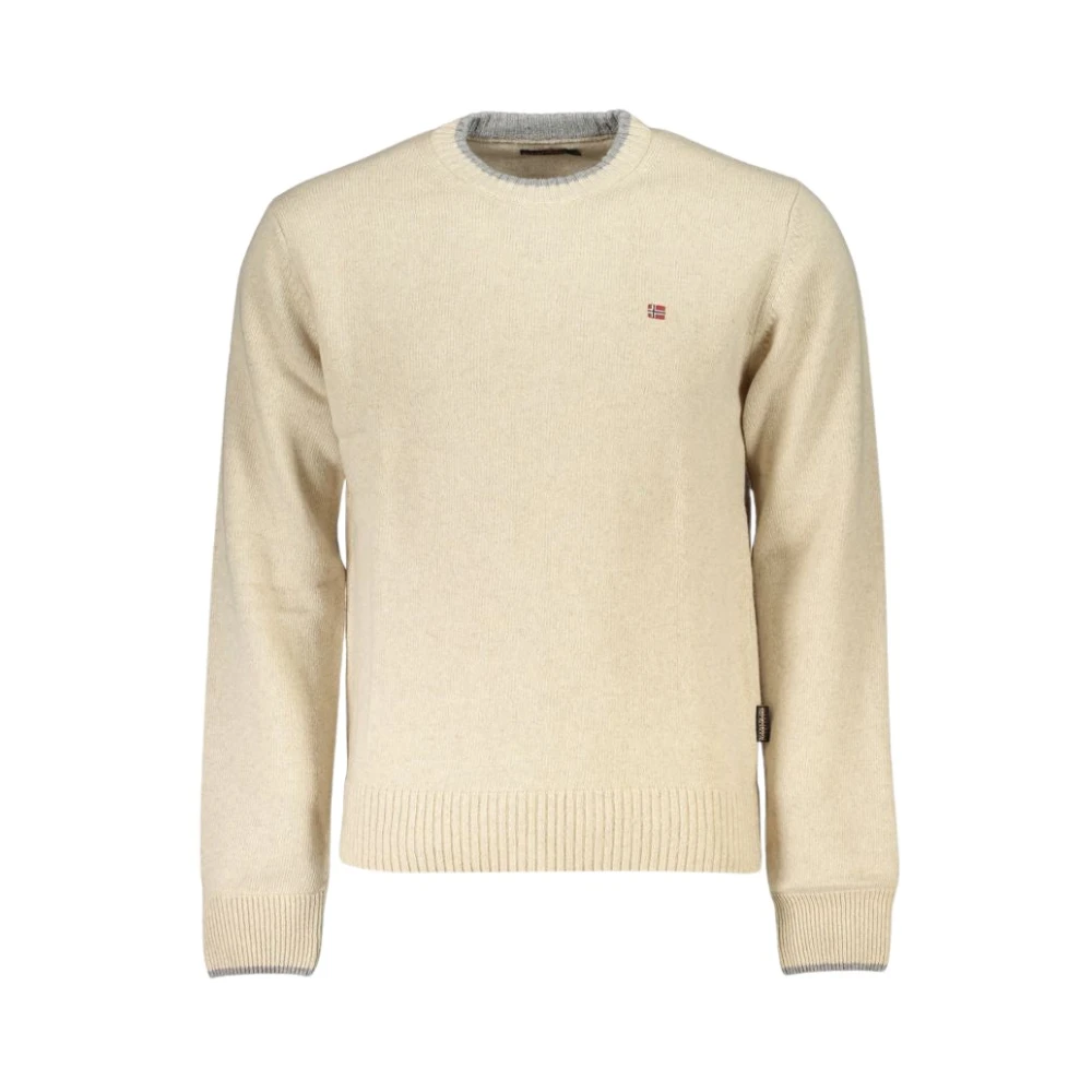 Napapijri Men's Beige Embroidered Jumper With Round Neck - Round-Neck Knitwear - 2XL- Knitwear