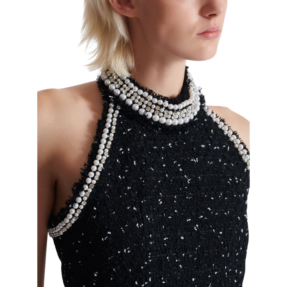 Balmain Geborduurde polka-dot tweed halternek top Black Dames