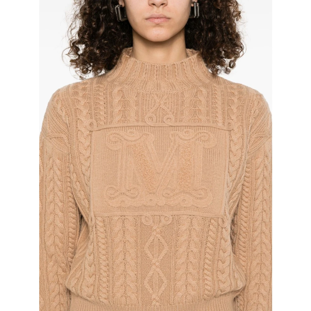Max Mara Kameelbruine Intarsia-Gebreide Logotrui Brown Dames