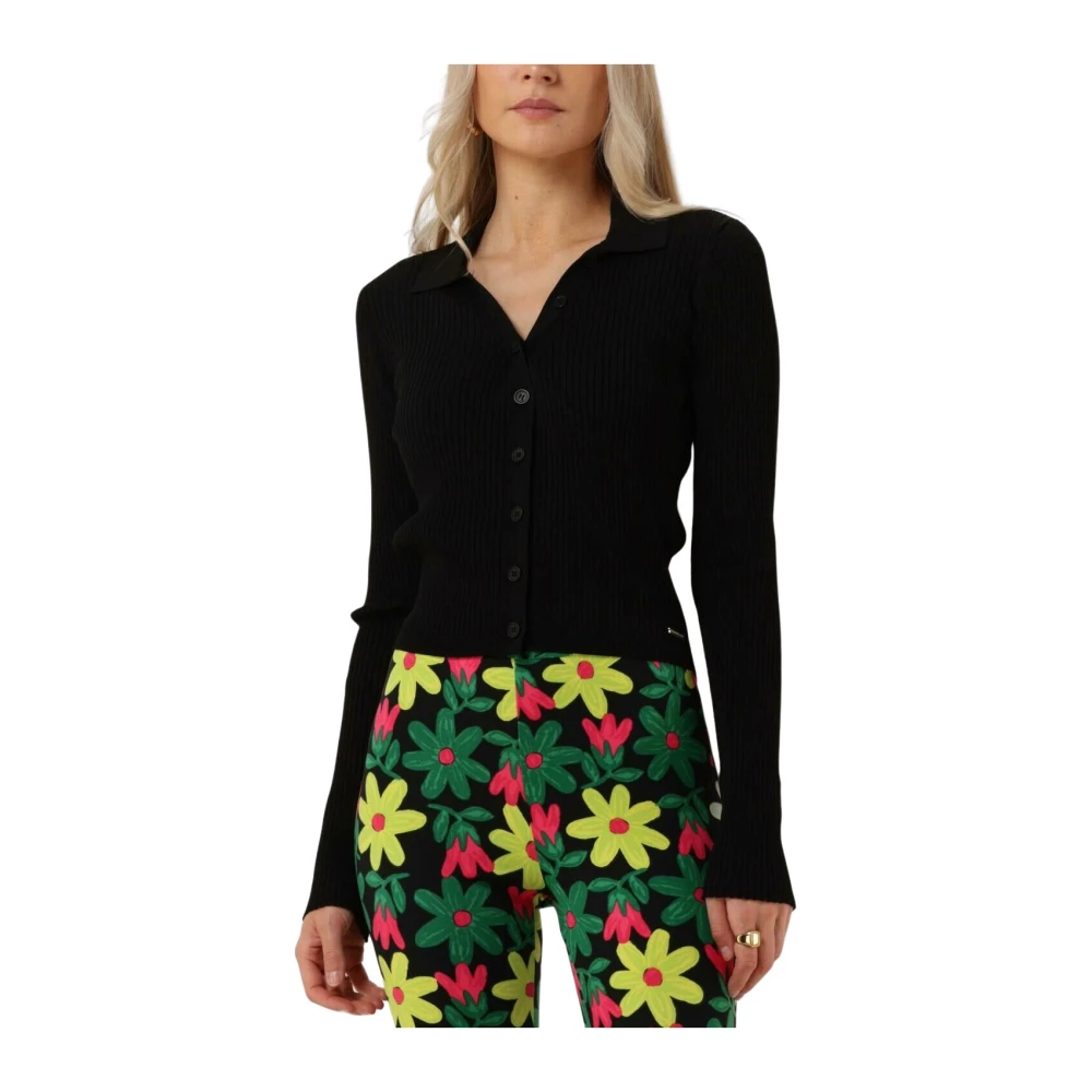 COLOURFUL REBEL Dames Tops & T-shirts Nori Fine Knit Cropped Longsleeve Polo Zwart