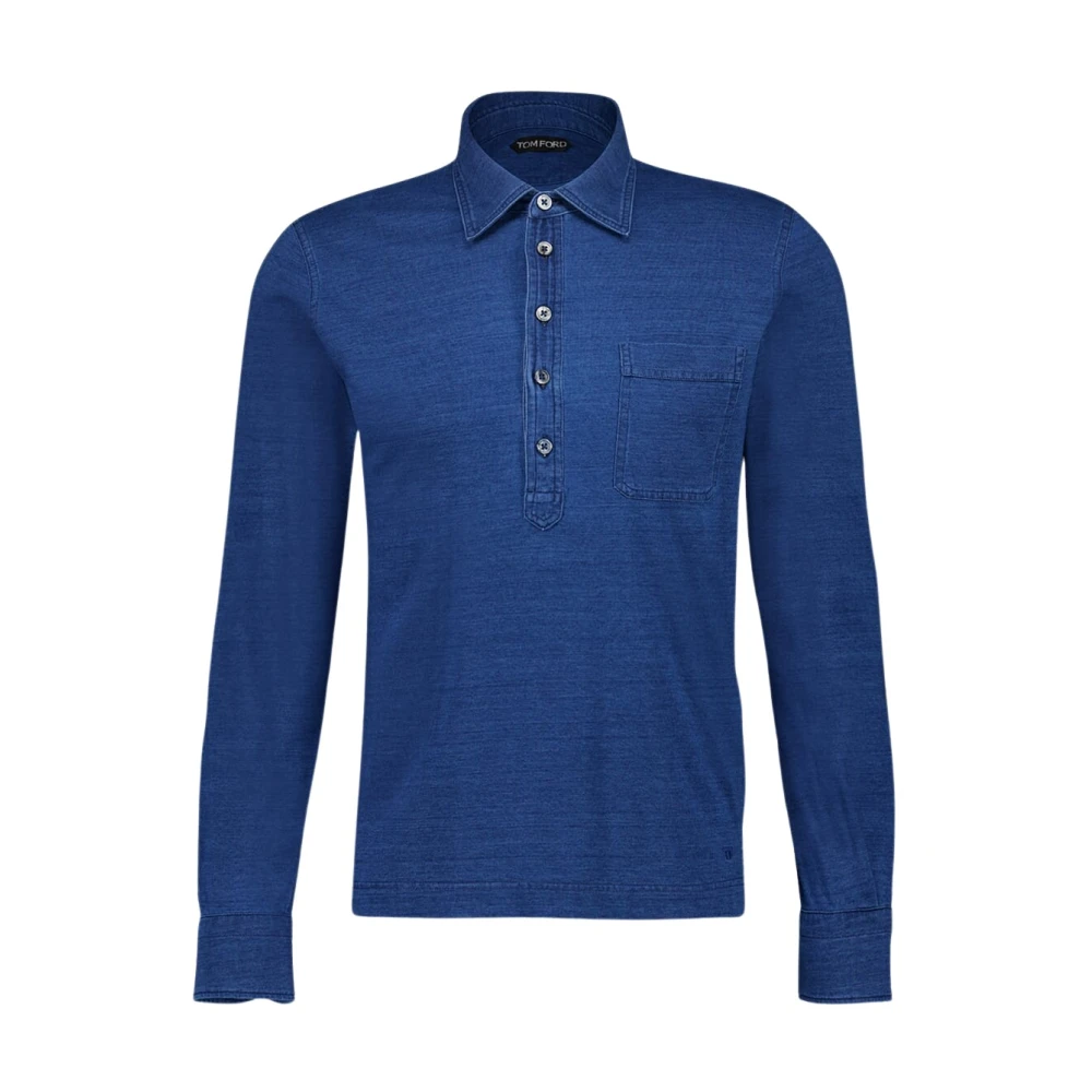Tom Ford Mannelijk Blauw Tops Heren, M, Katoen, Long Sleeve Cotton Polo