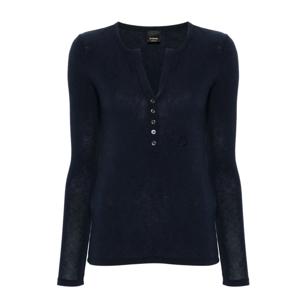 Pinko Blauwe Trui met V-hals en Geborduurd Logo Blue Dames