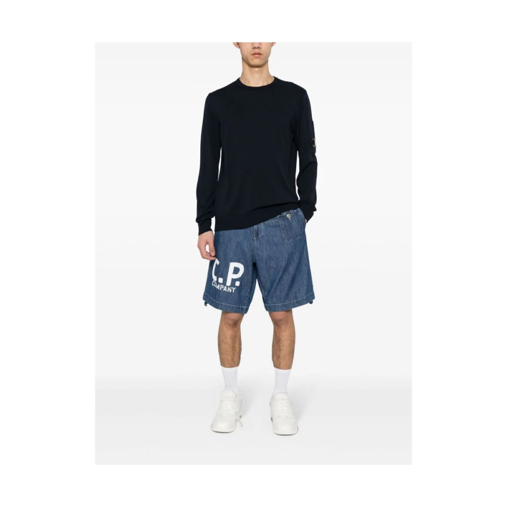 C.P. Company Blauwe Denim Logo Print Trekkoord Shorts Blue Heren