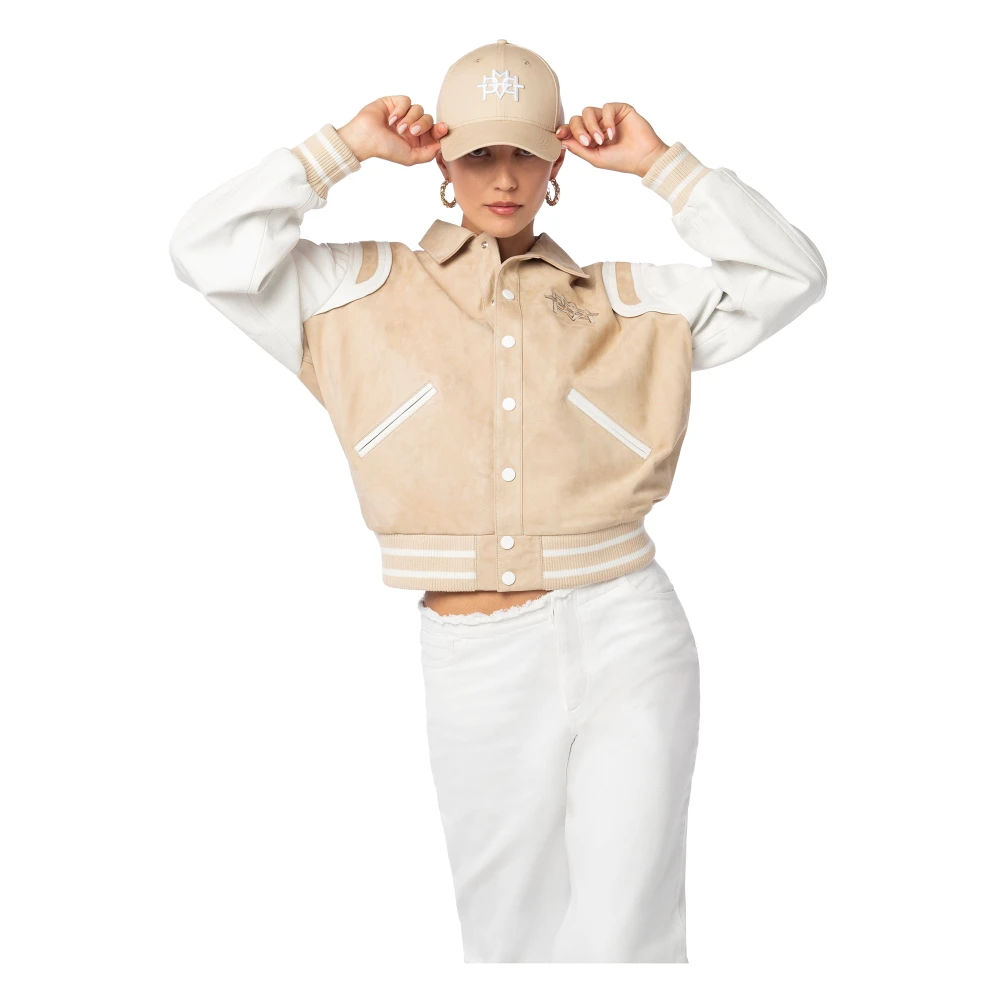 MVP wardrobe Suède Leren Bomberjack met Patchwork Logo Beige Dames