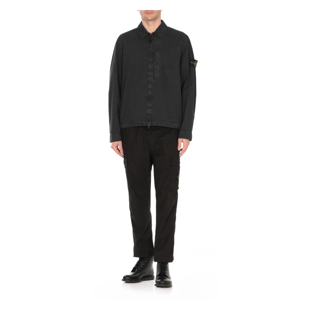 Stone Island Blauw Katoenen Overhemd met Kraag en Logo Patch Blue Heren