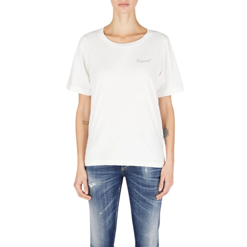 Dsquared2 Rhinestone Logo Katoenen T-Shirt White Dames