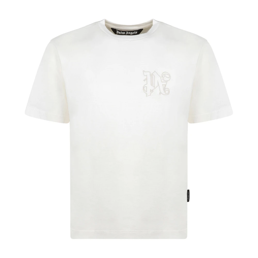 Palm Angels T-Shirts, Male, M, Embroidered Logo White T-Shirt Beige