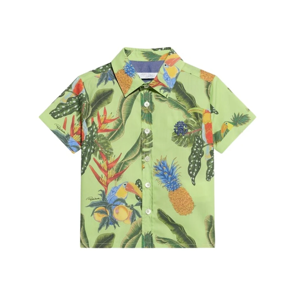 Roberto Cavalli Kids Shirts, Male, 9 M, Tropicana Print Shirt Green